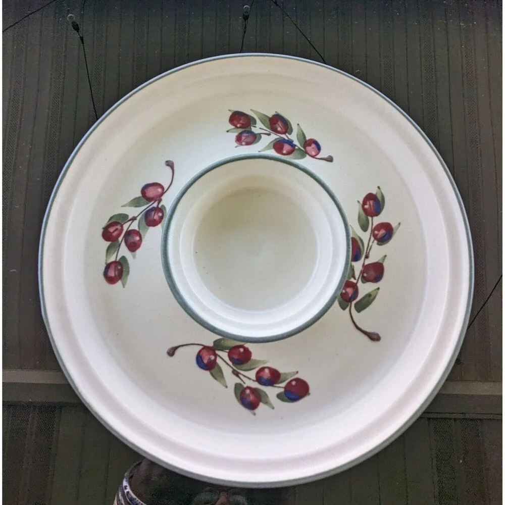 Cranberry Pottery Appetizer Dish With Bowl Attached for Dip Signed KTJ Red Cream